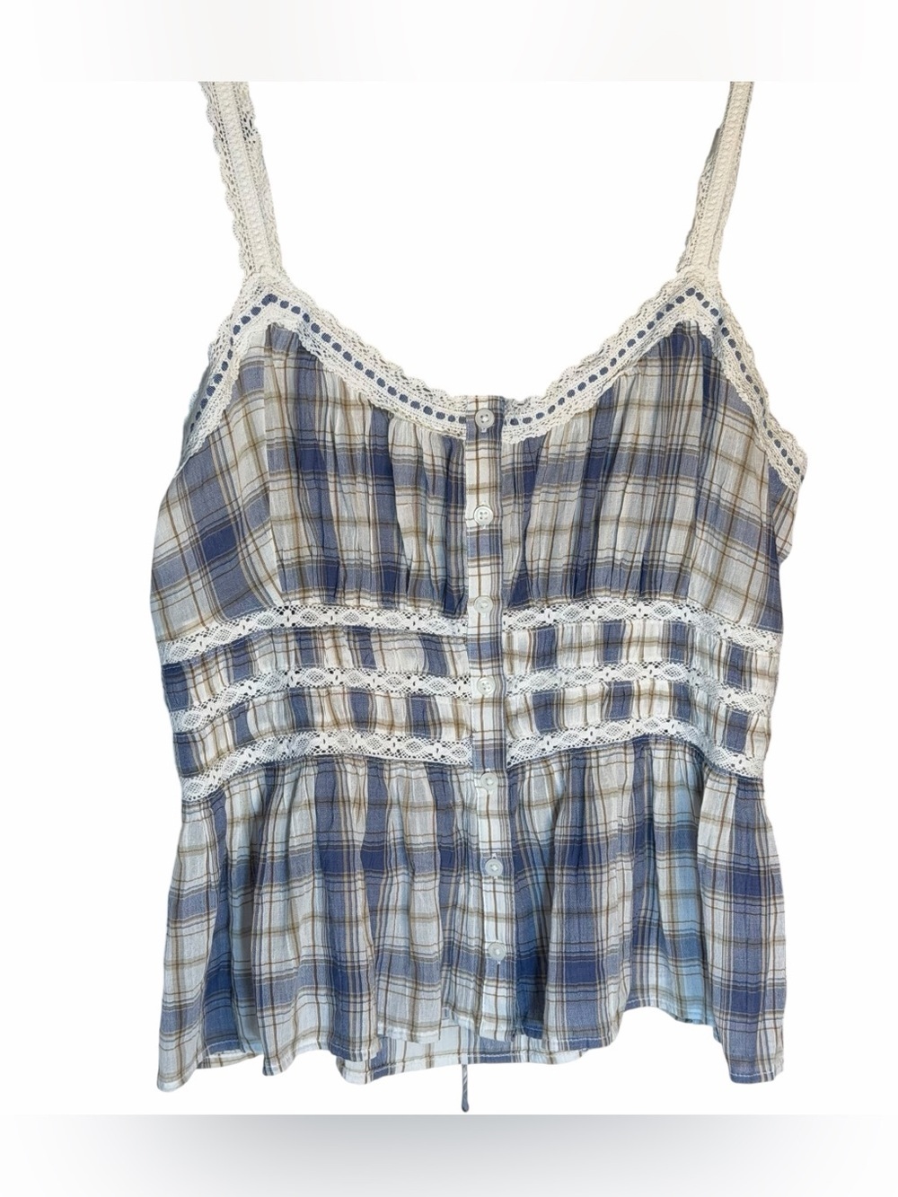 American Eagle Outfitters Blue and Cream Plaid Lace-Trim Cami - Picture 3 of 9